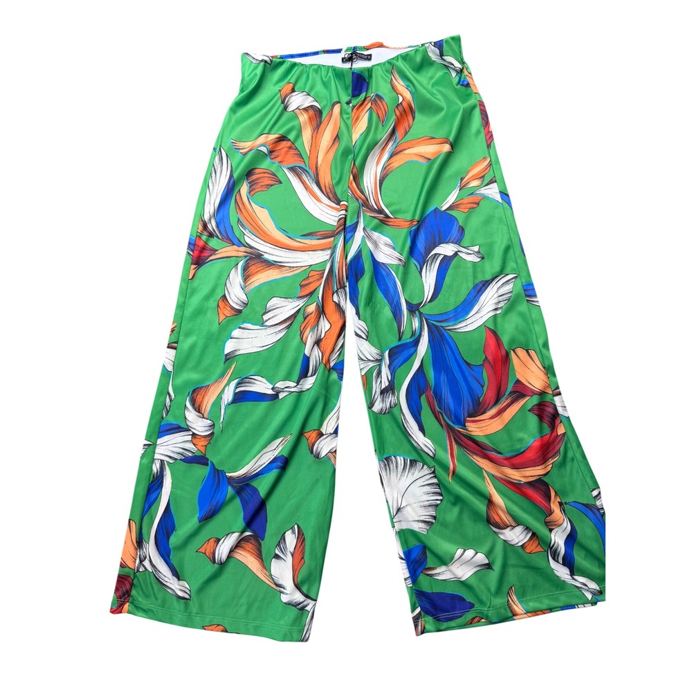 Zara Wide Leg Pants Womens Medium Green New Floral Print High Waist 5580/038 NWT